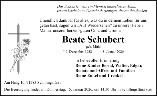 Traueranzeige von Beate Schubert von Rothenburg