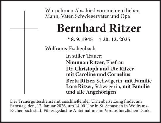 Traueranzeige von Bernhard Ritzer von Ansbach