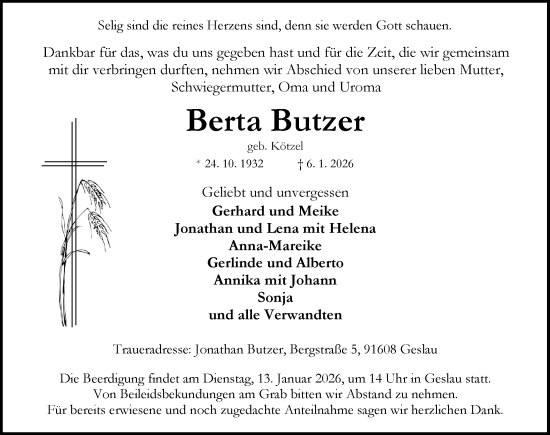 Traueranzeige von Berta Butzer von Ansbach