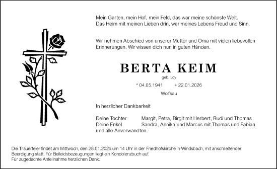 Traueranzeige von Berta Keim von Ansbach