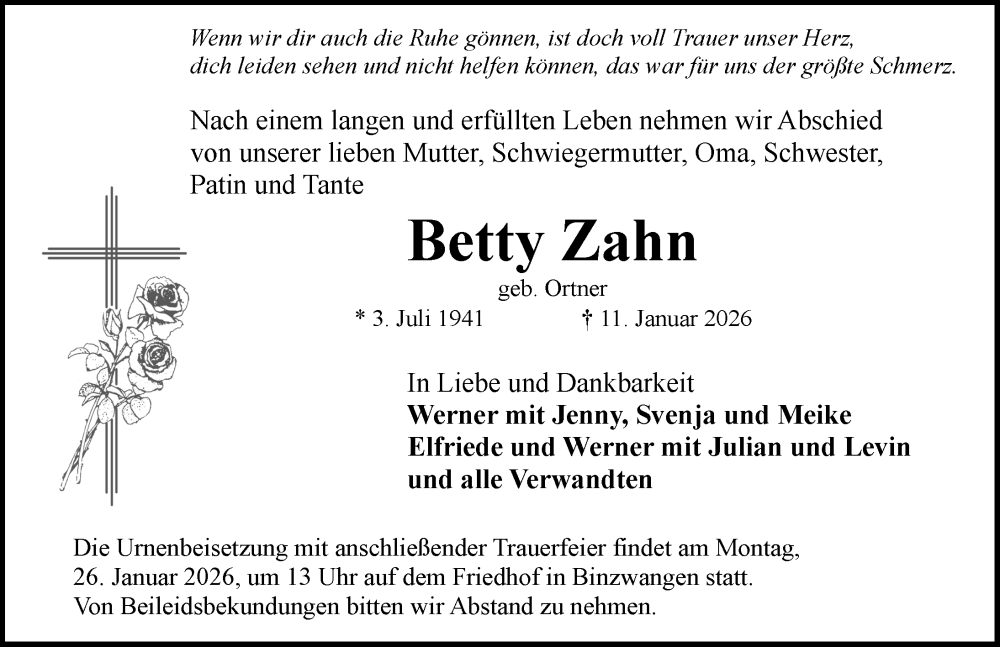  Traueranzeige für Betty Zahn vom 23.01.2026 aus Ansbach