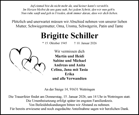 Traueranzeige von Brigitte Schiller von Dinkelsbühl/ Feuchtwangen