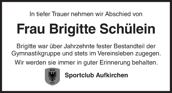 Traueranzeige von Brigitte Schülein von Dinkelsbühl/ Feuchtwangen