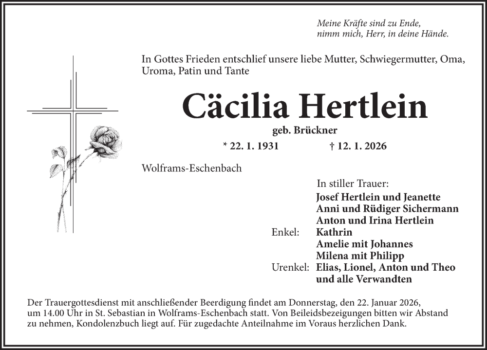  Traueranzeige für Cäcilia Hertlein vom 17.01.2026 aus Ansbach