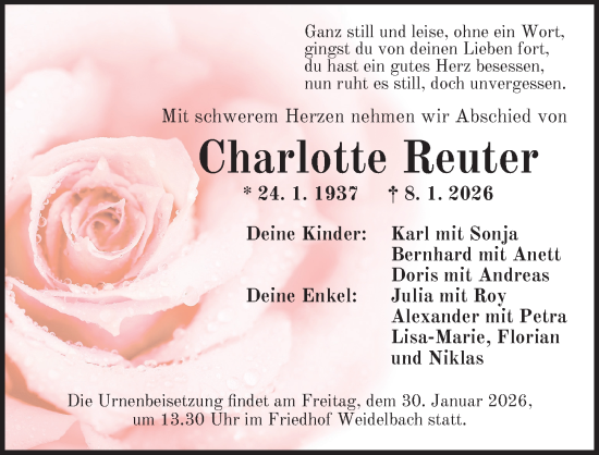 Traueranzeige von Charlotte Reuter von Dinkelsbühl/ Feuchtwangen