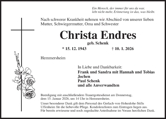 Traueranzeige von Christa Endres von Neustadt/ Scheinfeld/ Uffenheim