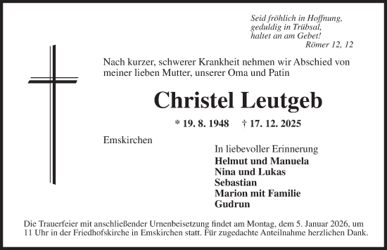 Traueranzeige von Christel Leutgeb von Neustadt/ Scheinfeld/ Uffenheim