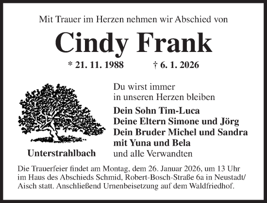 Traueranzeige von Cindy Frank von Neustadt/ Scheinfeld/ Uffenheim