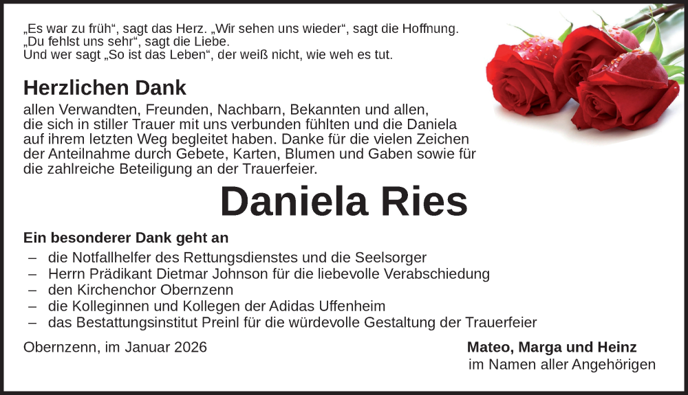  Traueranzeige für Daniela Ries vom 24.01.2026 aus Neustadt/ Scheinfeld/ Uffenheim