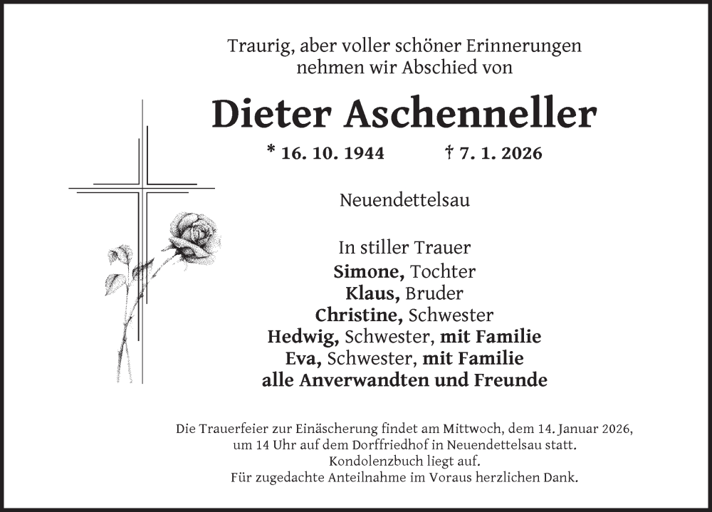  Traueranzeige für Dieter Aschenneller vom 10.01.2026 aus Ansbach