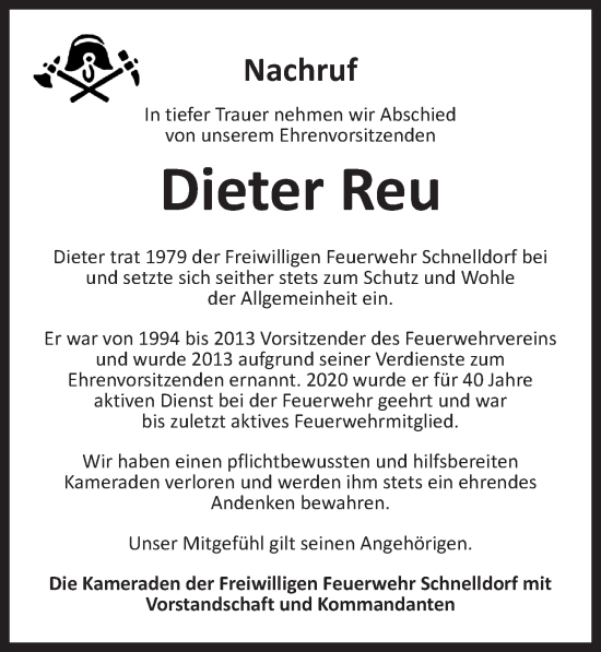 Traueranzeige von Dieter Reu von Dinkelsbühl/ Feuchtwangen