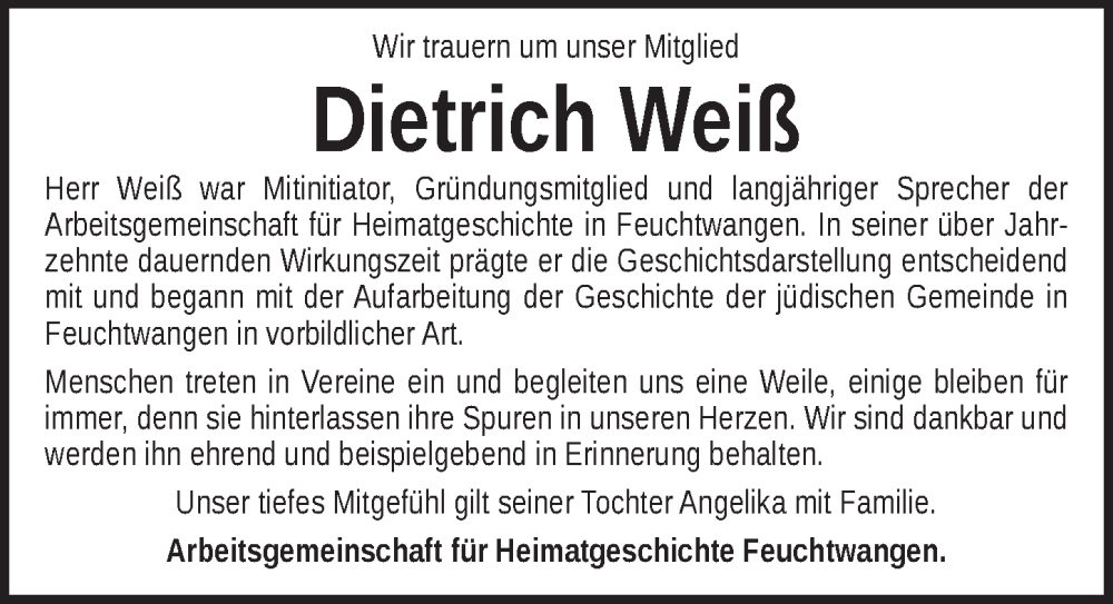  Traueranzeige für Dietrich Weiß vom 29.01.2026 aus Dinkelsbühl/ Feuchtwangen