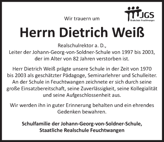 Traueranzeige von Dietrich Weiß von Dinkelsbühl/ Feuchtwangen