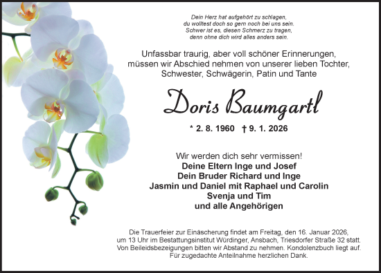 Traueranzeige von Doris Baumgartl von Ansbach