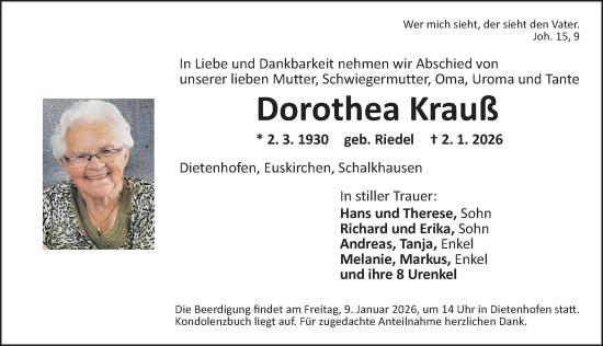 Traueranzeige von Dorothea Krauß von Ansbach
