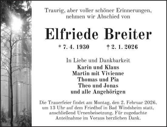 Traueranzeige von Elfriede Breiter von Neustadt/ Scheinfeld/ Uffenheim
