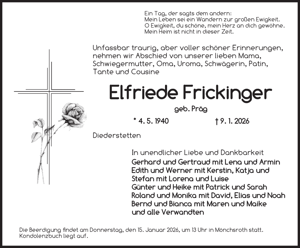  Traueranzeige für Elfriede Frickinger vom 13.01.2026 aus Dinkelsbühl/ Feuchtwangen