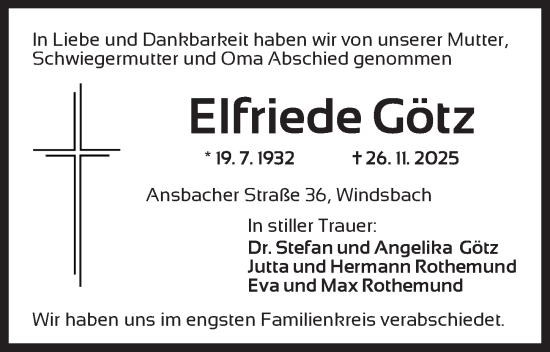 Traueranzeige von Elfriede Götz von Ansbach