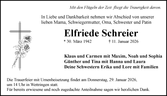 Traueranzeige von Elfriede Schreier von Rothenburg