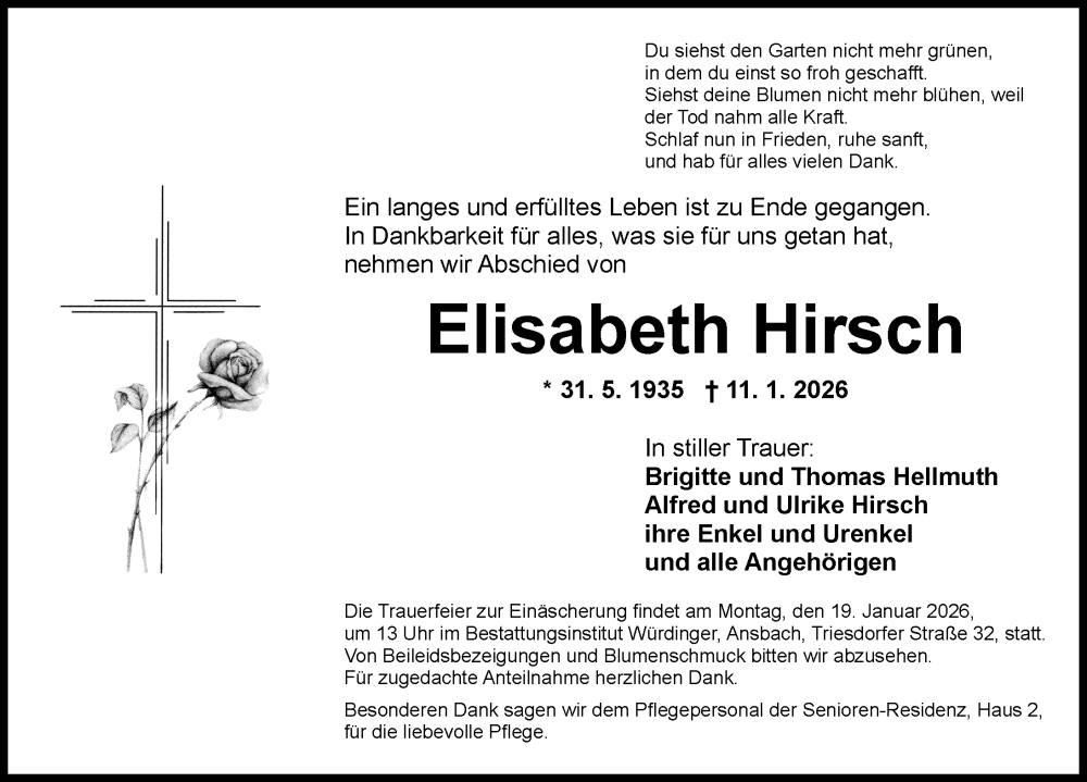  Traueranzeige für Elisabeth Hirsch vom 14.01.2026 aus Ansbach