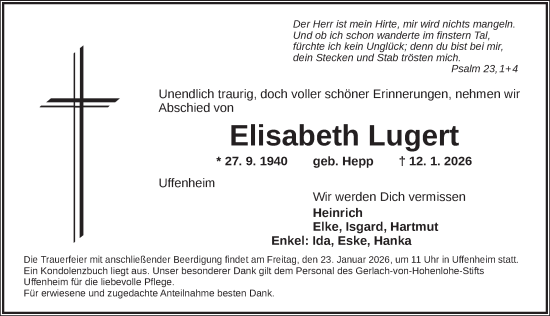 Traueranzeige von Elisabeth Lugert von Neustadt/ Scheinfeld/ Uffenheim