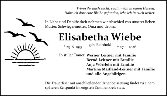 Traueranzeige von Elisabetha Wiebe von GE