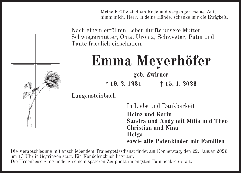 Traueranzeige für Emma Meyerhöfer vom 20.01.2026 aus Dinkelsbühl/ Feuchtwangen