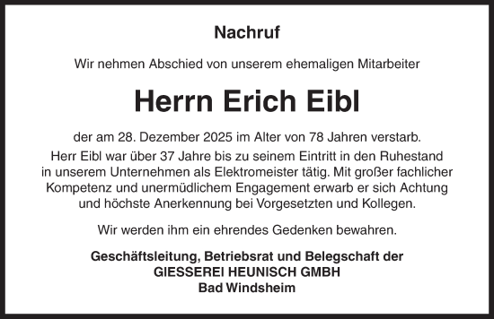 Traueranzeige von Erich Eibl von Neustadt/ Scheinfeld/ Uffenheim