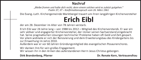 Traueranzeige von Erich Eibl von Neustadt/ Scheinfeld/ Uffenheim