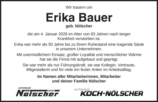 Traueranzeige von Erika Bauer von Rothenburg