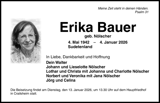 Traueranzeige von Erika Bauer von Rothenburg
