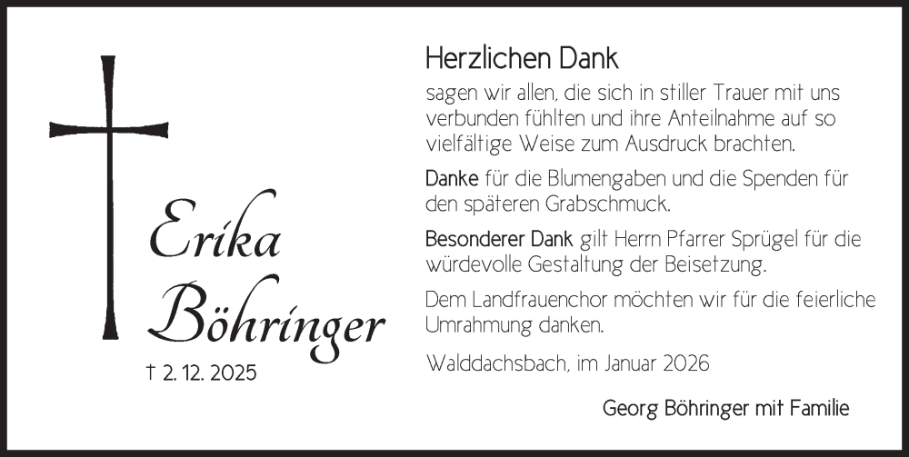  Traueranzeige für Erika Böhringer vom 02.01.2026 aus Neustadt/ Scheinfeld/ Uffenheim