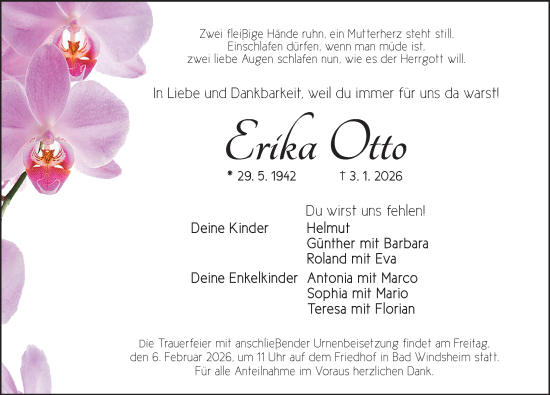 Traueranzeige von Erika Otto von Neustadt/ Scheinfeld/ Uffenheim