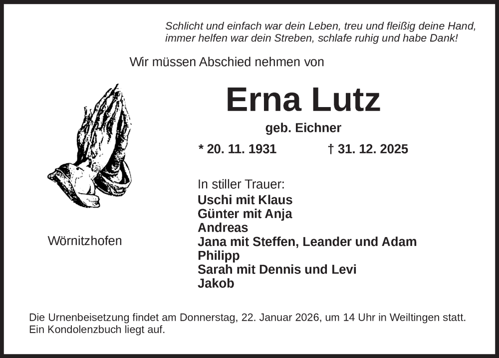  Traueranzeige für Erna Lutz vom 20.01.2026 aus Dinkelsbühl/ Feuchtwangen