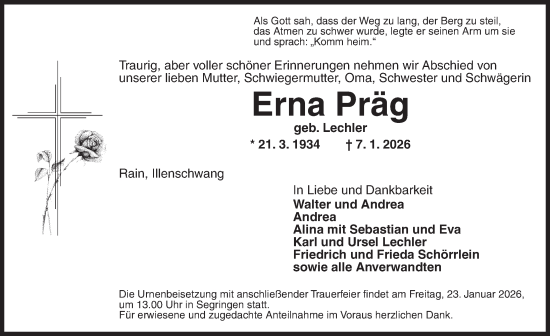 Traueranzeige von Erna Präg von Dinkelsbühl/ Feuchtwangen