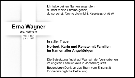 Traueranzeige von Erna Wagner von Ansbach