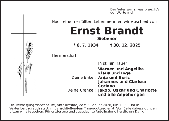 Traueranzeige von Ernst Brandt von Neustadt/ Scheinfeld/ Uffenheim