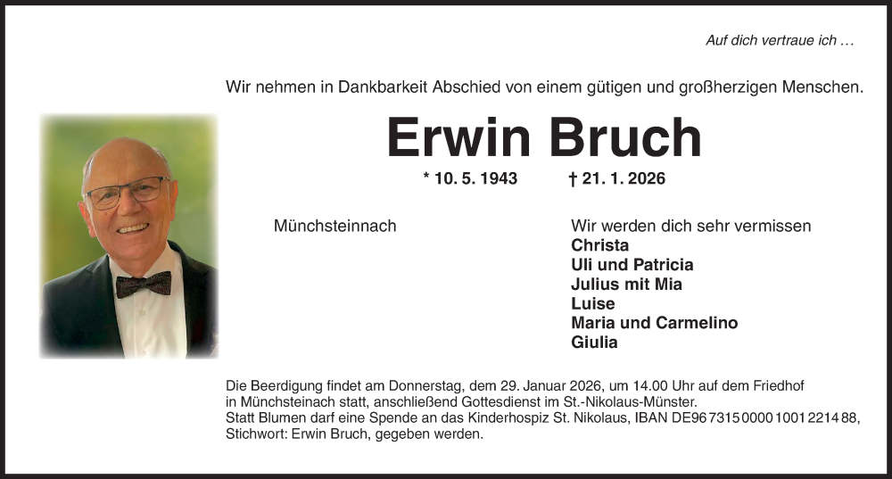  Traueranzeige für Erwin Bruch vom 24.01.2026 aus Neustadt/ Scheinfeld/ Uffenheim