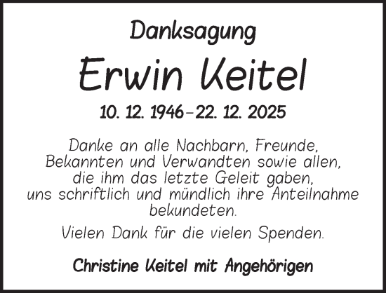 Traueranzeige von Erwin Keitel von Rothenburg