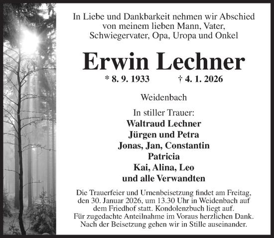 Traueranzeige von Erwin Lechner von Ansbach
