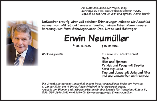 Traueranzeige von Erwin Neumüller von Ansbach