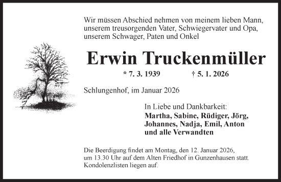 Traueranzeige von Erwin Truckenmüller von Ansbach