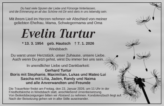 Traueranzeige von Evelin Turtur von Ansbach