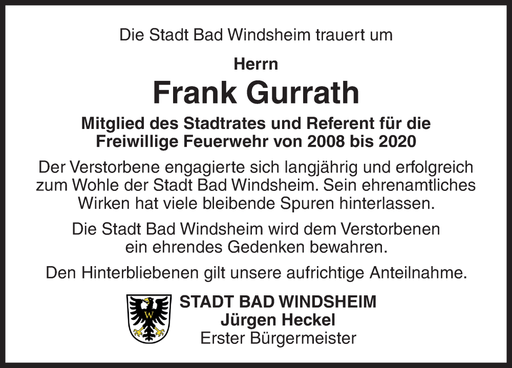  Traueranzeige für Frank Gurrath vom 17.01.2026 aus Neustadt/ Scheinfeld/ Uffenheim