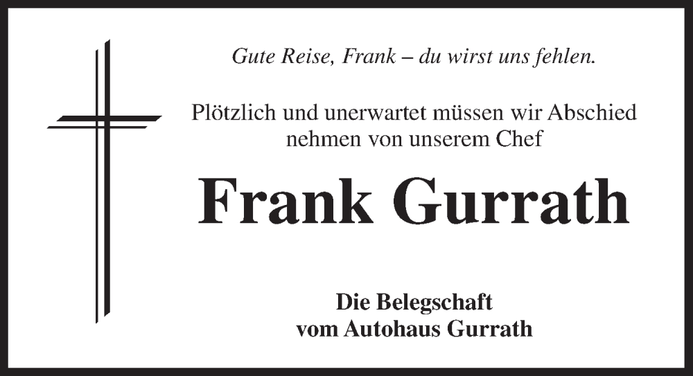  Traueranzeige für Frank Gurrath vom 17.01.2026 aus Neustadt/ Scheinfeld/ Uffenheim