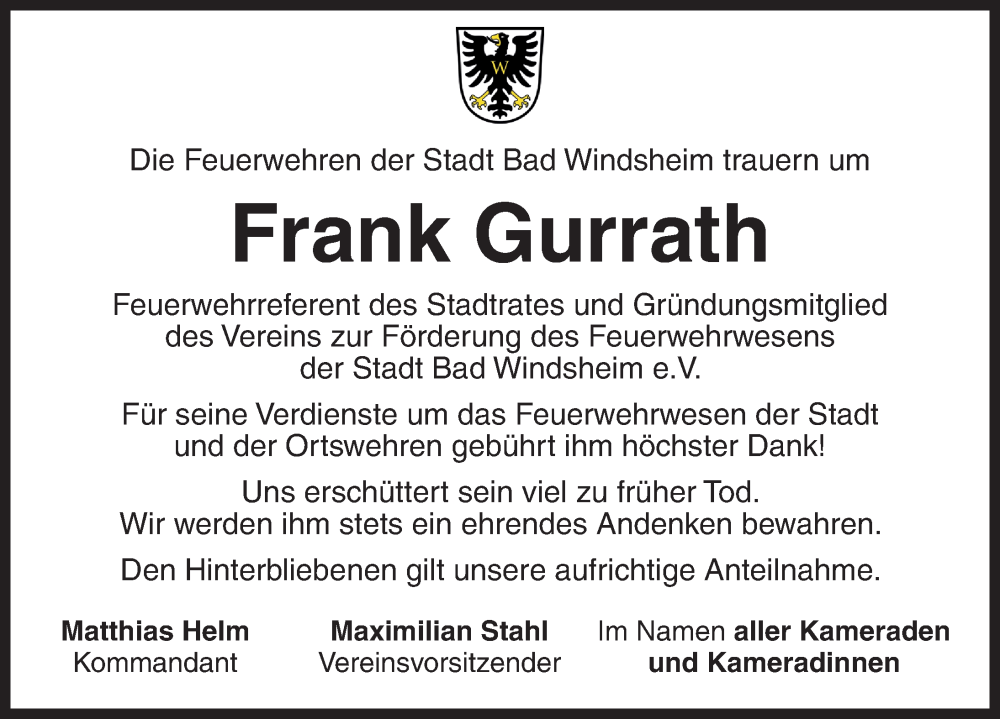  Traueranzeige für Frank Gurrath vom 17.01.2026 aus Neustadt/ Scheinfeld/ Uffenheim