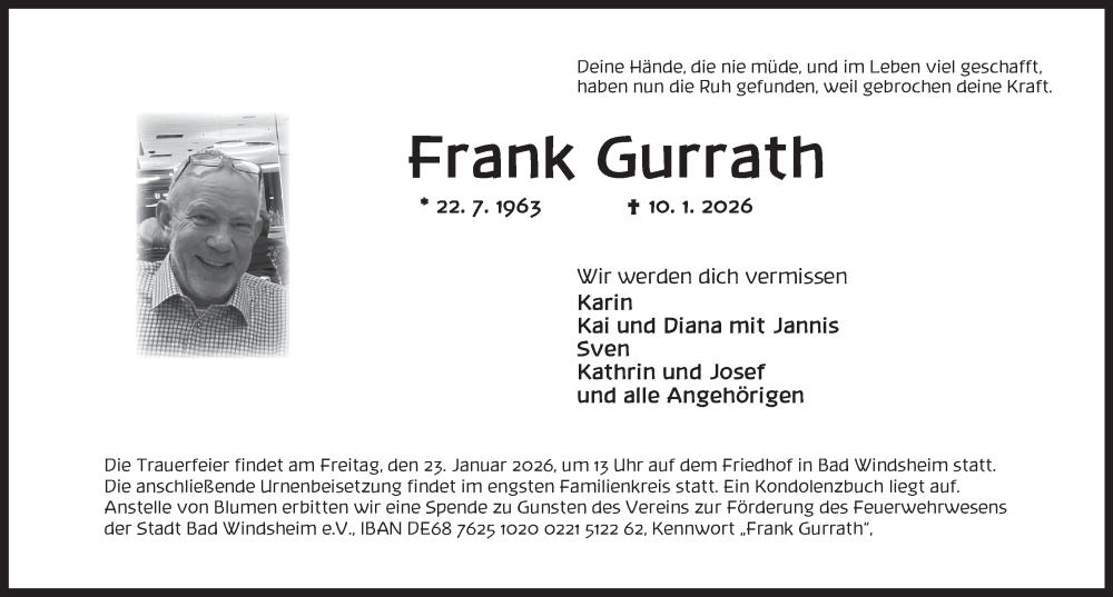  Traueranzeige für Frank Gurrath vom 17.01.2026 aus GE