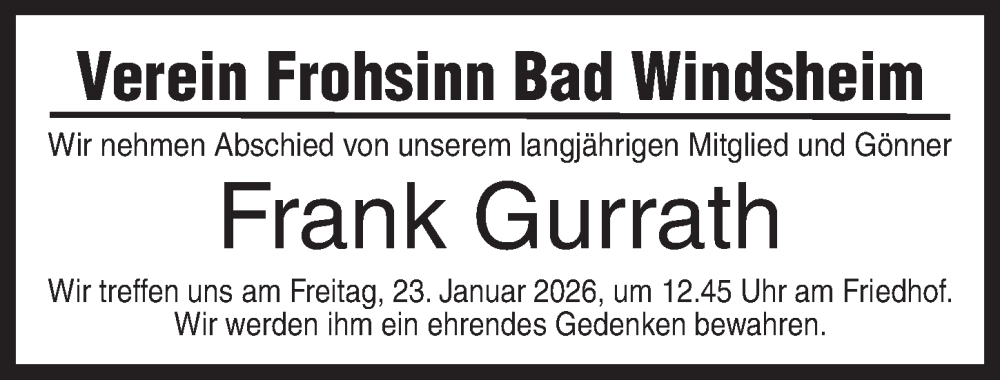 Traueranzeige für Frank Gurrath vom 17.01.2026 aus Neustadt/ Scheinfeld/ Uffenheim
