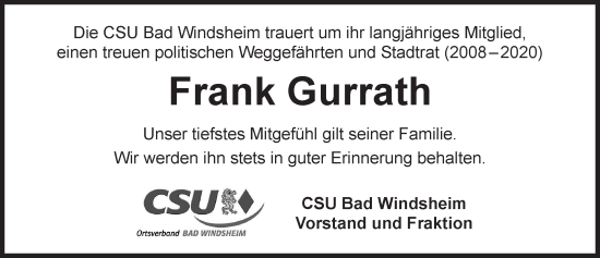 Traueranzeige von Frank Gurrath von Neustadt/ Scheinfeld/ Uffenheim
