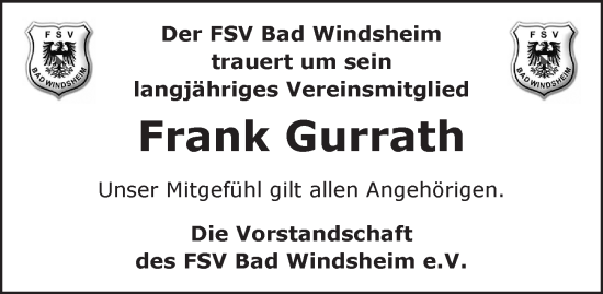 Traueranzeige von Frank Gurrath von Neustadt/ Scheinfeld/ Uffenheim